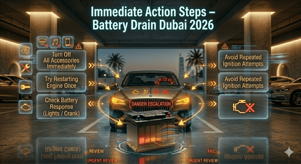 Immediate action steps for car battery drain in Dubai including turning off accessories, checking battery response, and restart attempts.