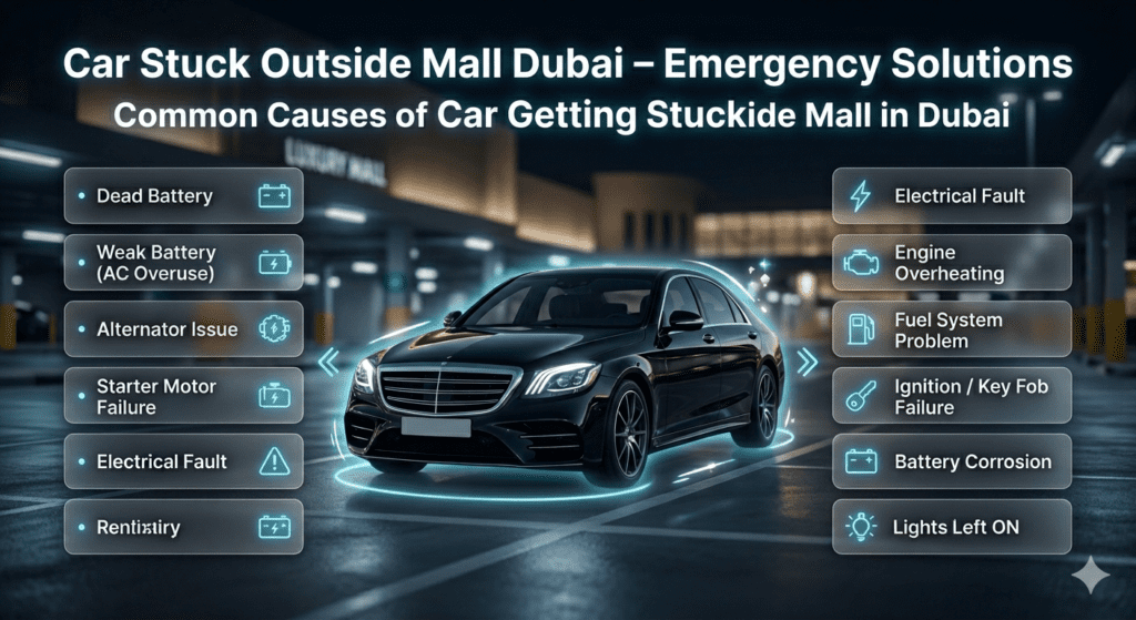 Infographic showing emergency solutions for a car stuck outside a Dubai mall, including jump start, battery replacement, and roadside assistance.