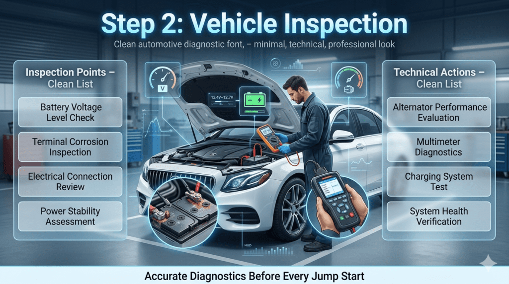 Vehicle inspection step showing technician checking battery voltage, terminal corrosion, and alternator performance using diagnostic tools before jump start