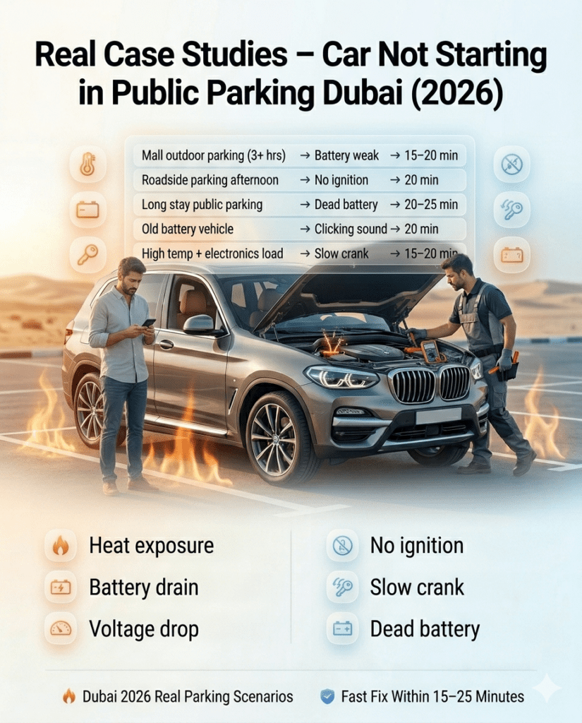 Technician fixing car battery in Dubai parking with case study table showing real situations of car not starting and fix times