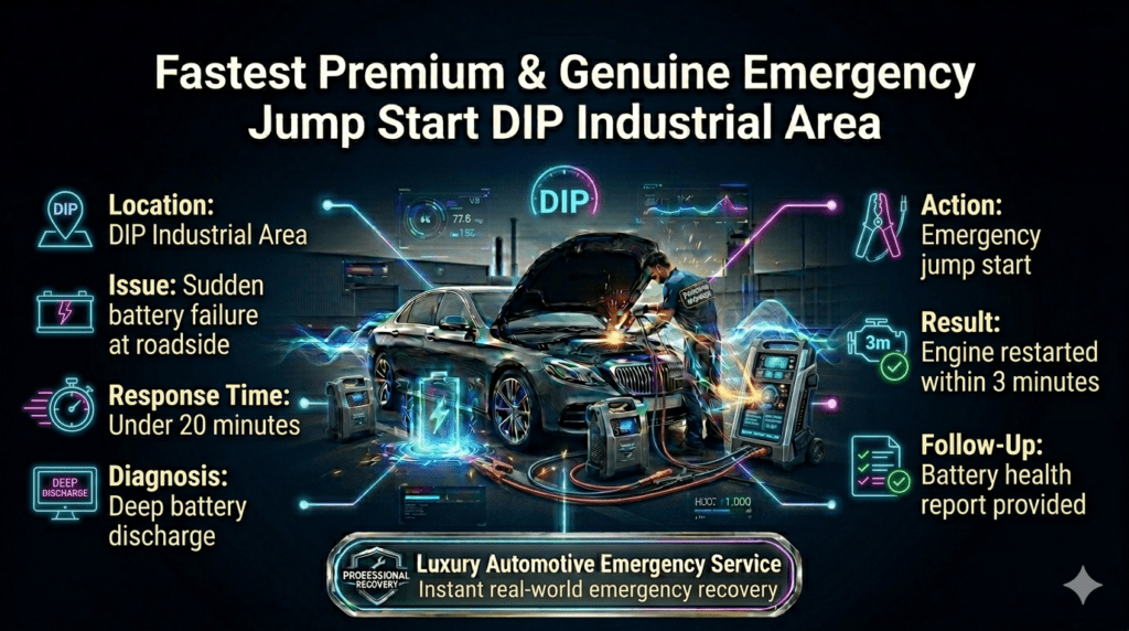 Emergency car jump start case study in DIP Industrial Area showing technician restoring vehicle battery with fast response and results.