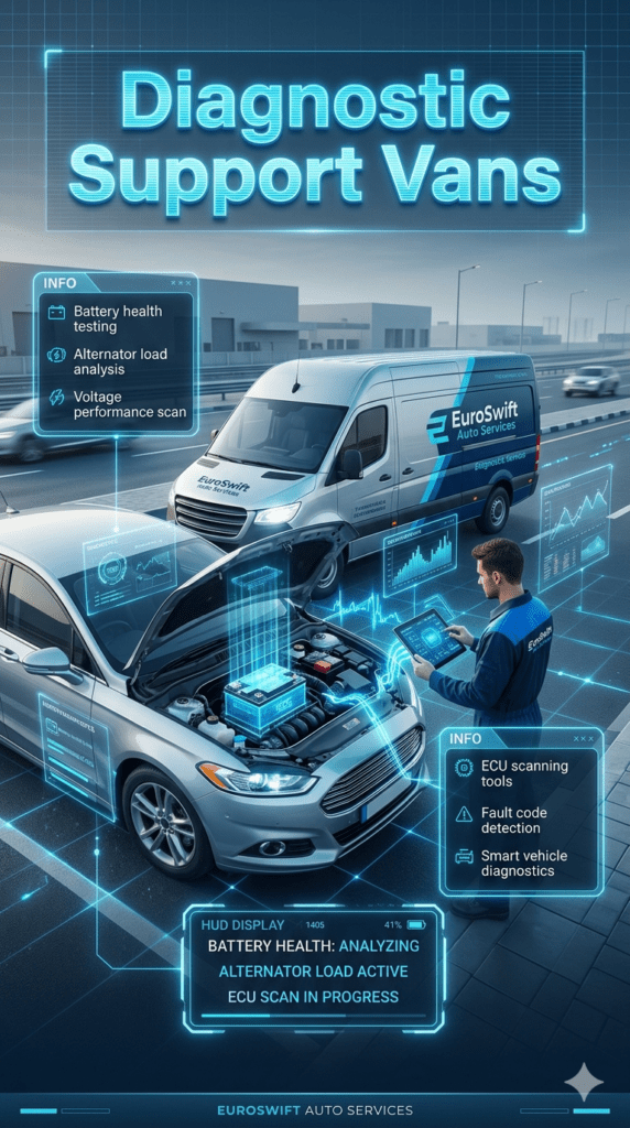 Diagnostic support van in Dubai showing technician performing battery health testing, alternator analysis, and ECU scanning using advanced digital tools with holographic interface.