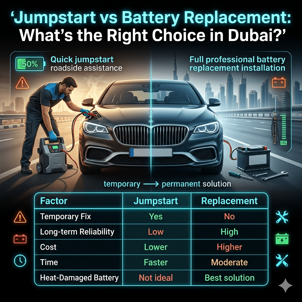A split infographic showing a car receiving jumpstart on one side and full battery replacement on the other with comparison table of cost, reliability, and usage.