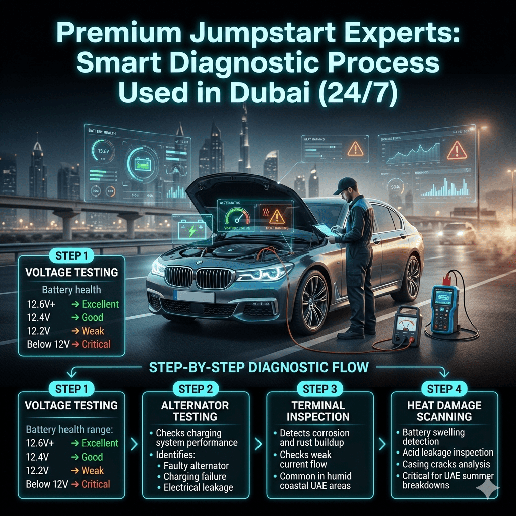 A luxury car in Dubai being diagnosed by a technician using smart tools with step-by-step battery, alternator, and heat damage testing process.