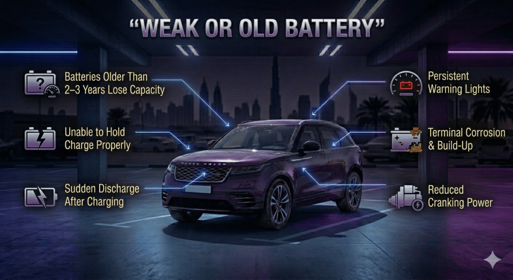 Weak or old car battery unable to hold charge and causing sudden discharge