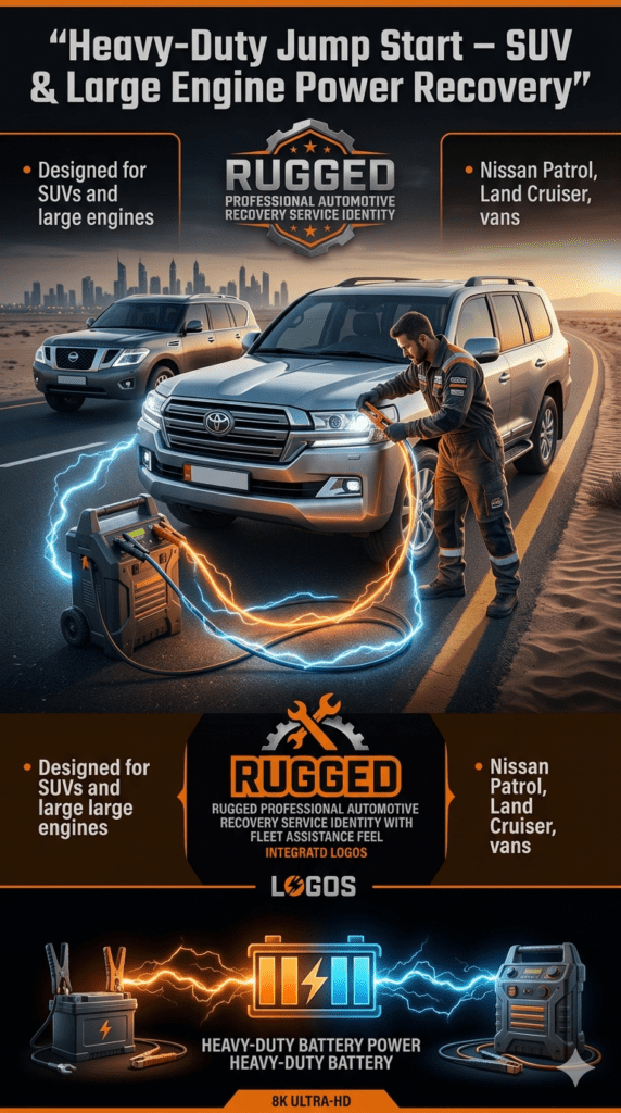 Heavy-duty jump start service showing technician using high-power booster equipment for SUVs like Nissan Patrol and Land Cruiser.