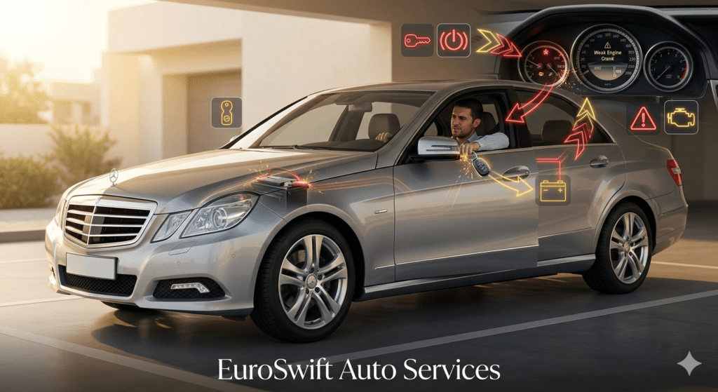 Car ignition failure shown with dashboard warning lights and engine not starting in a luxury vehicle in Dubai residential area.