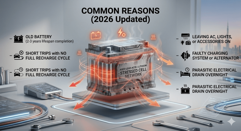 Car battery failure common reasons 2026 showing aging battery, short trips, and electrical drain in infographic style