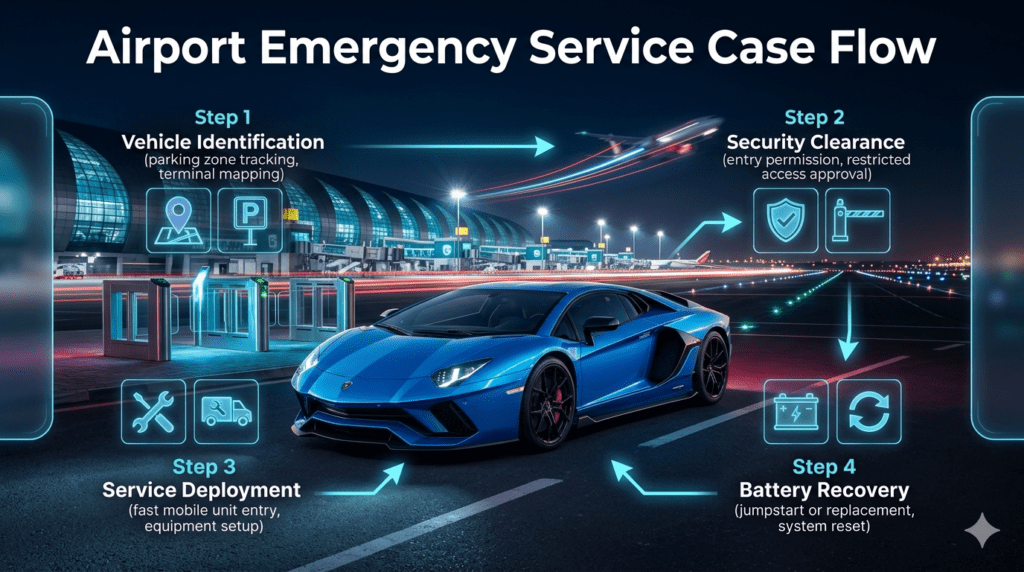 A futuristic Dubai airport scene showing a Lamborghini with glowing panels illustrating a step-by-step emergency roadside service process including identification, security clearance, deployment, and battery recovery.