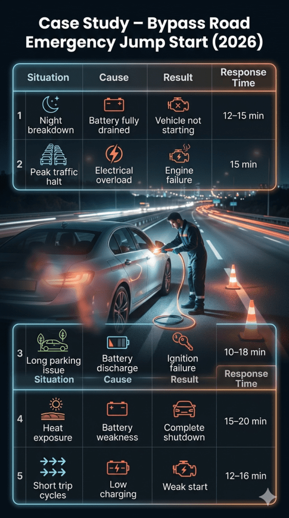 Bypass Road emergency jump start case study infographic showing night breakdowns, traffic halts, parking battery issues, heat exposure failures, and short trip battery drain with response times.
