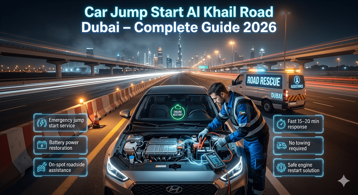 A cinematic roadside assistance scene on Al Khail Road Dubai showing a technician performing a car jump start with futuristic informational panels and a luxury vehicle breakdown setup.