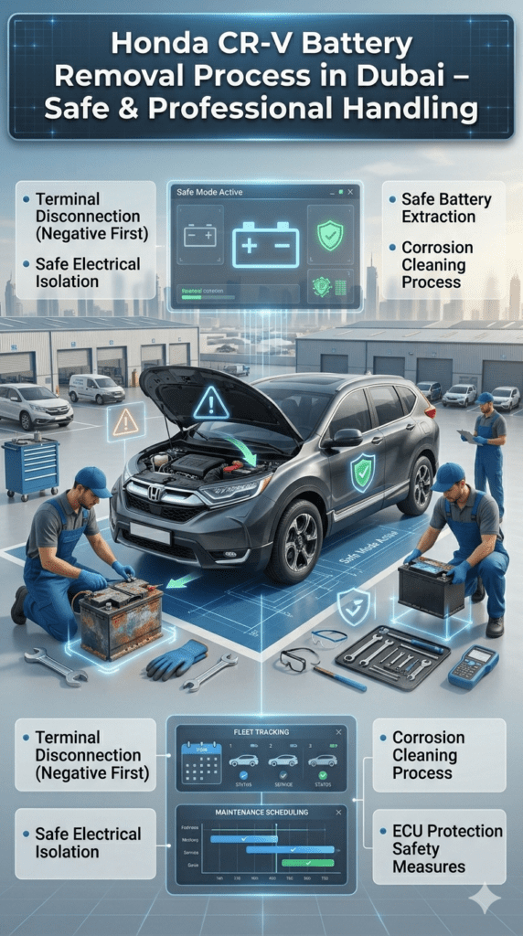 Honda CR-V battery removal process in Dubai garage showing safe negative terminal disconnection, battery extraction, and corrosion cleaning by technician.
