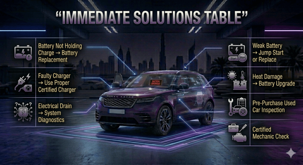 Immediate solutions table for car battery issues including replacement jump start and diagnostics