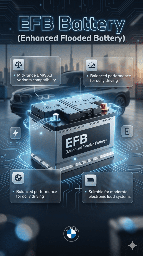 EFB battery BMW X3 infographic showing mid-range compatibility, balanced performance, and moderate electronic load support for Dubai driving conditions