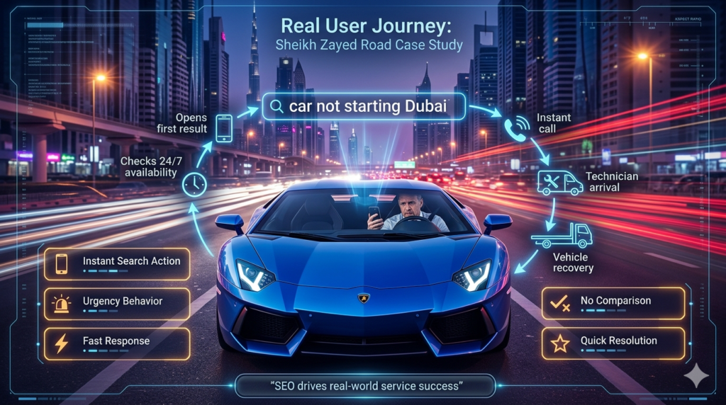 A futuristic Dubai highway scene showing a Lamborghini and a driver using a phone, with glowing panels illustrating a real customer journey from search to quick roadside assistance resolution.