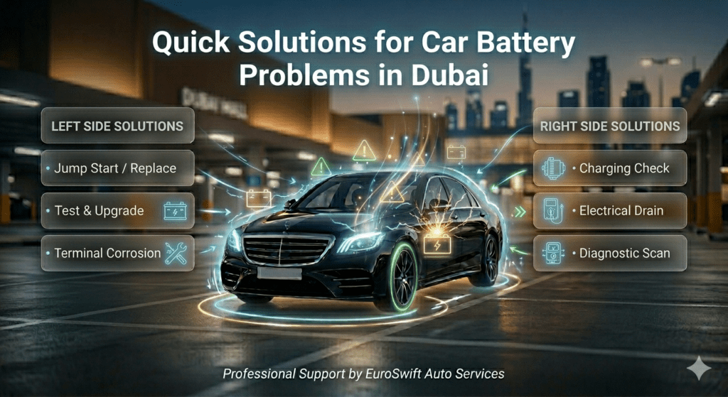 Infographic showing quick solutions to common car battery problems in Dubai, including jump start and diagnostics.