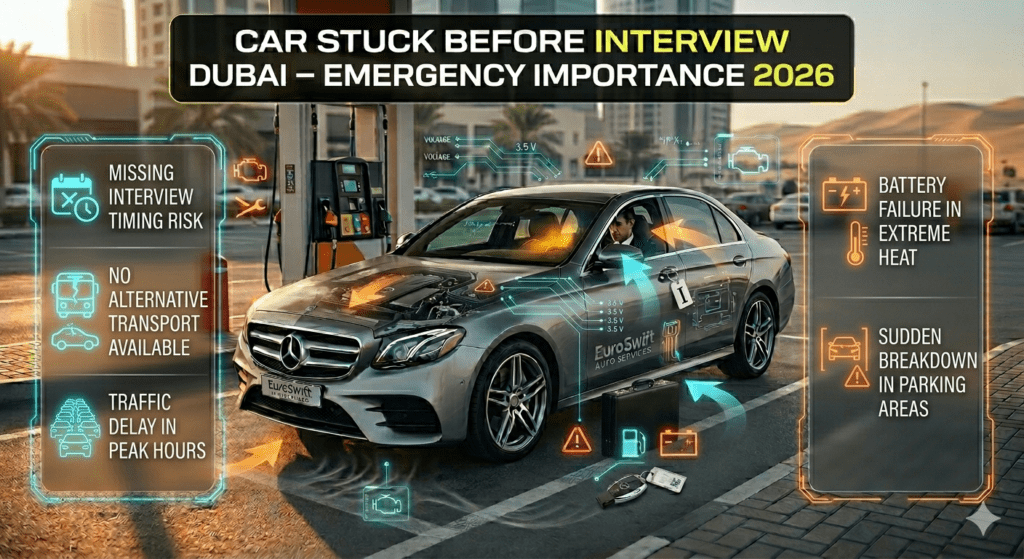 Emergency importance of car stuck before interview in Dubai including missed timing, heat breakdown, and traffic delays.