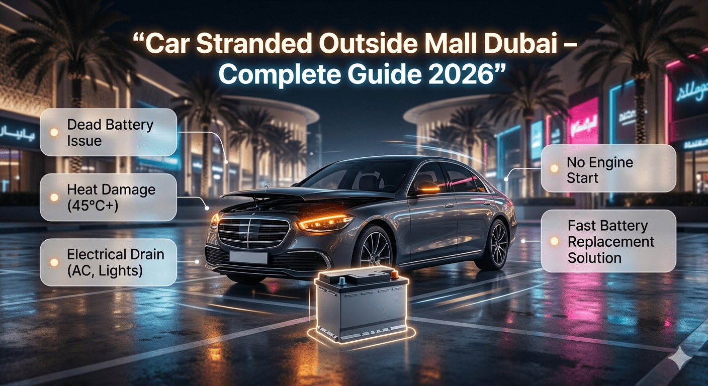 Car stranded in Dubai mall parking with battery failure causes highlighted in modern infographic style.