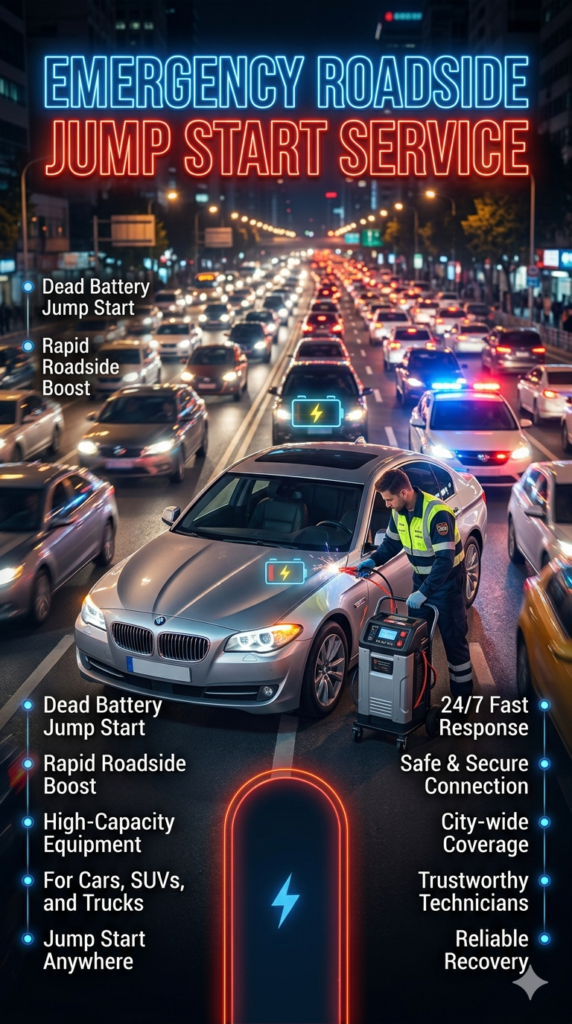 Emergency roadside jump start service showing a technician providing instant battery boost assistance to a stranded car in heavy traffic urban area.