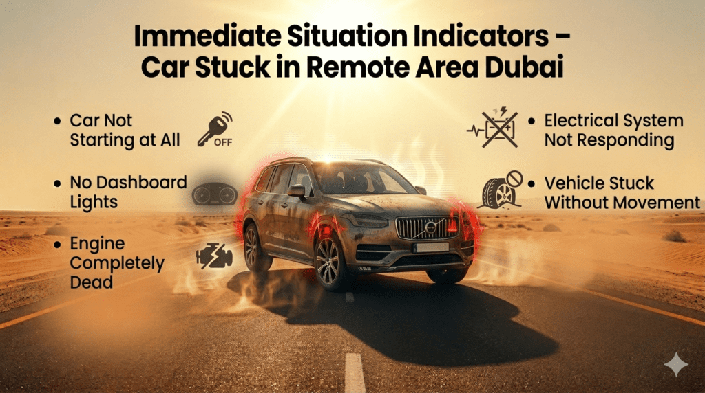 Car not starting in remote Dubai with no dashboard lights and complete electrical failure situation