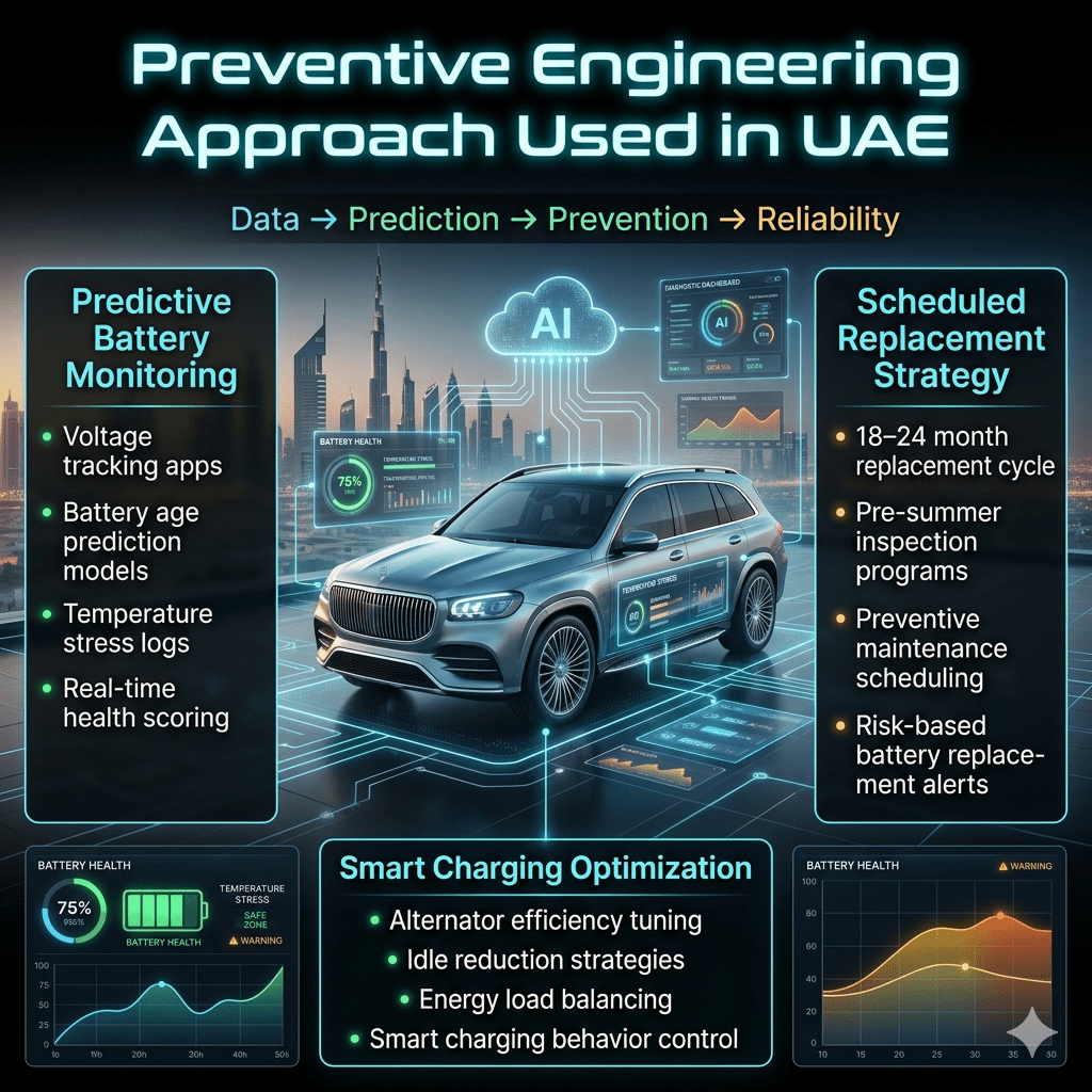 A futuristic smart car connected to AI predictive battery monitoring system showing preventive maintenance, scheduling, and charging optimization in UAE.