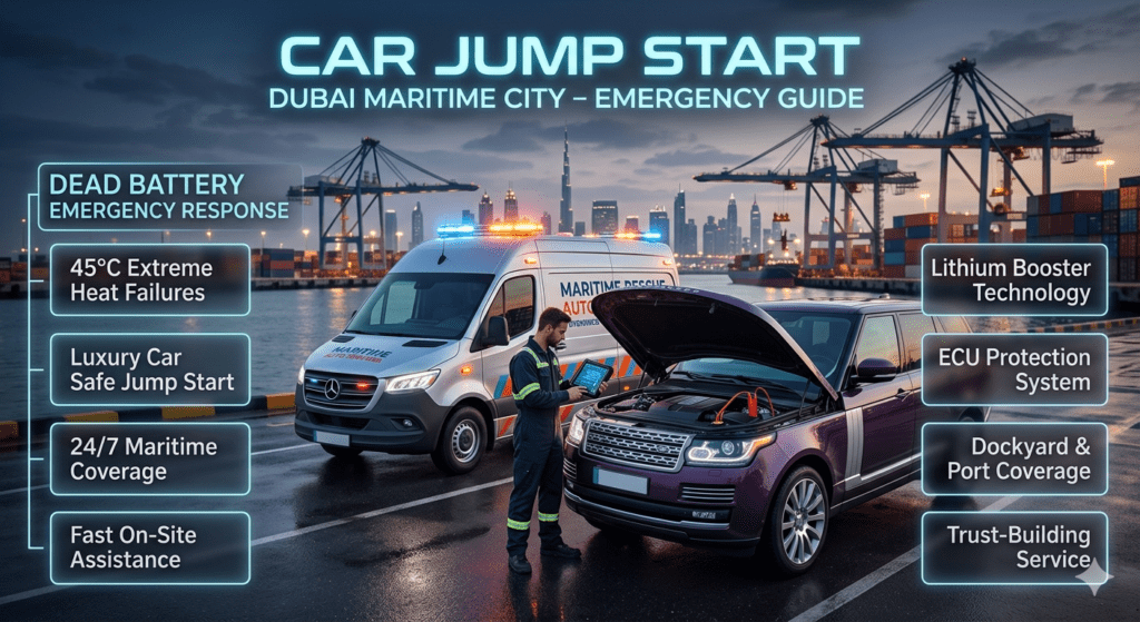 Luxury roadside assistance van performing a car jump start in Dubai Maritime City with a BMW vehicle, technician using lithium booster, dockyard background, and emergency service infographic layout.