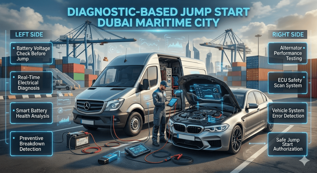 Technician performing diagnostic-based jump start in Dubai Maritime City using smart scanner tablet connected to luxury car with battery voltage and ECU testing system visible.