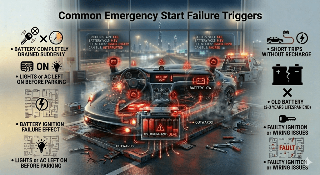 Car emergency start failure infographic showing battery drain, ignition issues, and common triggers in Dubai