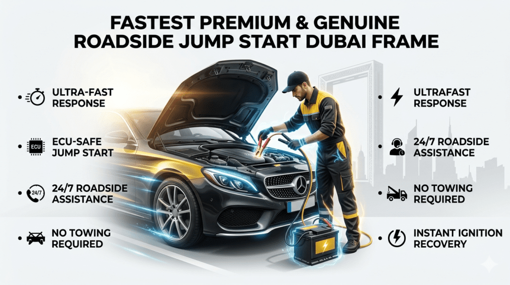 Fastest premium roadside jump start service near Dubai Frame with technician boosting car battery and key service highlights displayed.