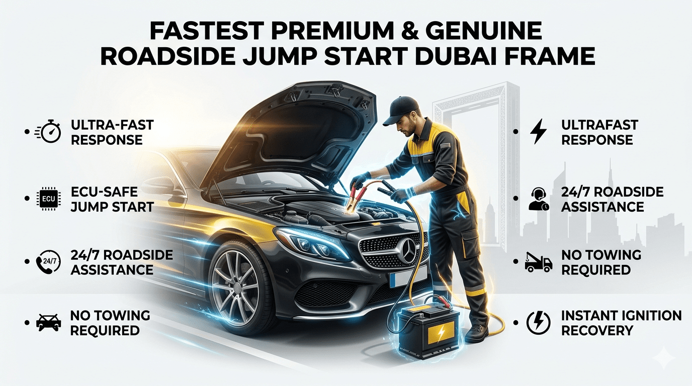 Fastest premium roadside jump start service near Dubai Frame with technician boosting car battery and key service highlights displayed.