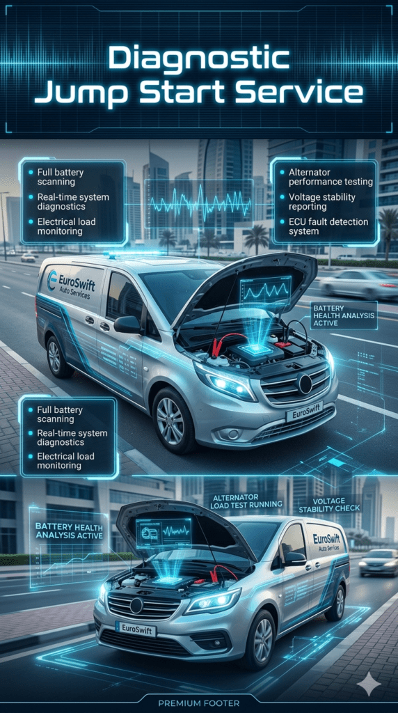 Diagnostic jump start service in Dubai showing technician performing battery scanning, alternator testing, and voltage analysis using advanced tools and mobile diagnostic van.