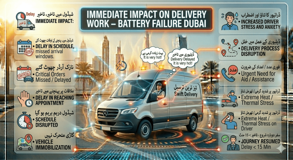 Infographic showing immediate impact on delivery work due to car battery failure including delays, missed orders, stress, and vehicle breakdown
