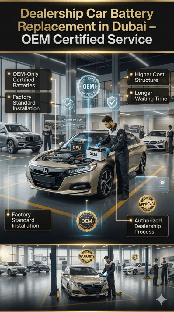 Luxury dealership car battery replacement service showing OEM battery installation, certified workshop environment, higher cost structure, and professional technician service.