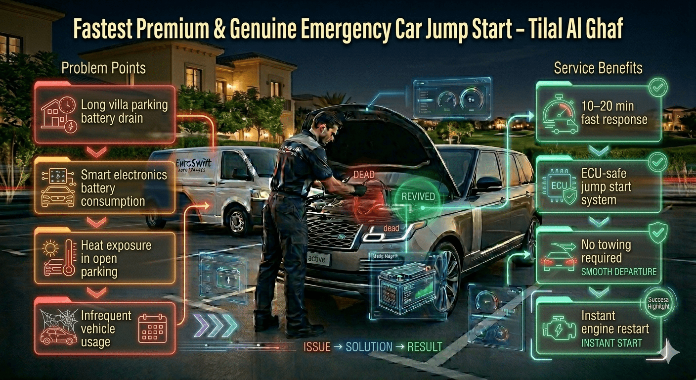 Infographic showing emergency car jump start in Tilal Al Ghaf with EuroSwift Auto Services technician, highlighting battery issues, fast response, ECU-safe system, and instant engine restart.