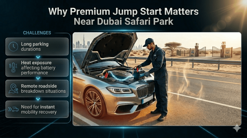 Premium automotive infographic showing ECU-safe jump start importance near Dubai Safari Park with luxury car protection, heat impact issues, and instant roadside recovery needs.