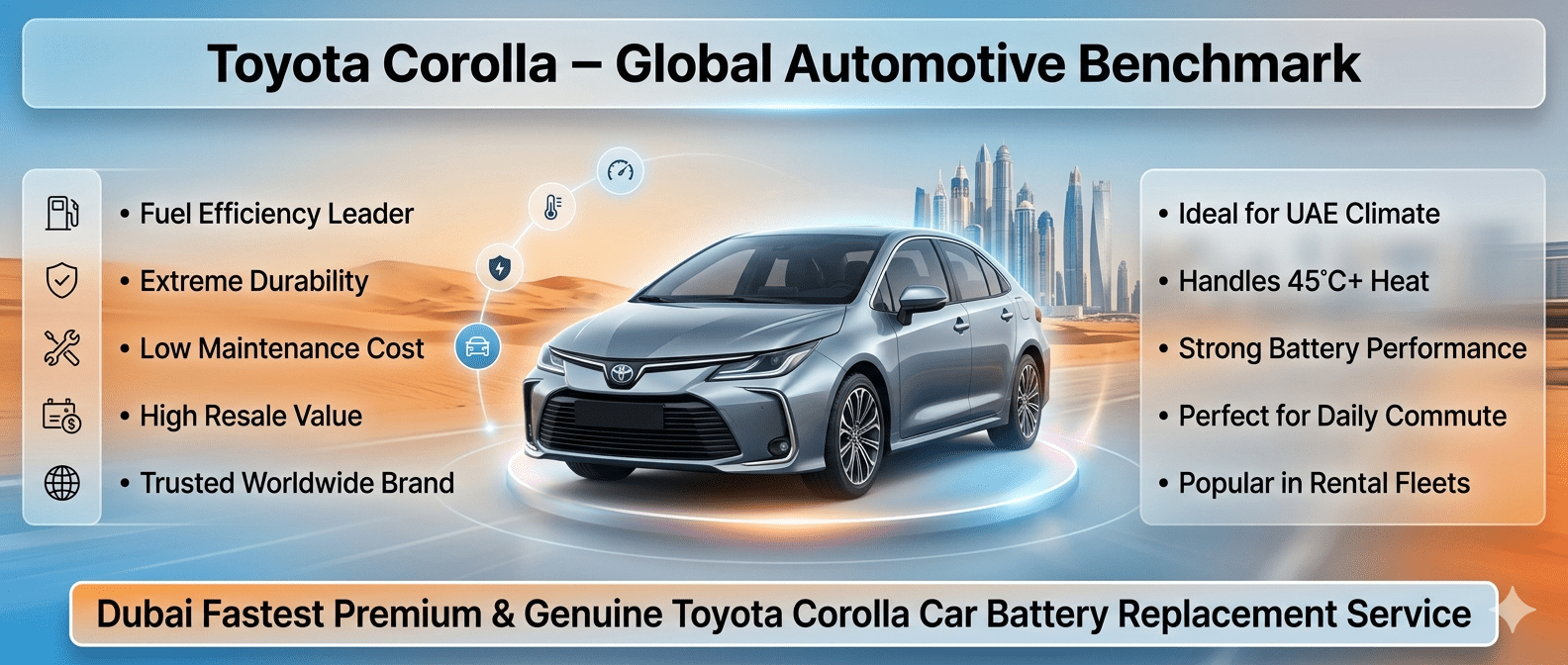 Toyota Corolla infographic showing global reliability, fuel efficiency, UAE heat performance, and battery replacement importance with Dubai skyline background.