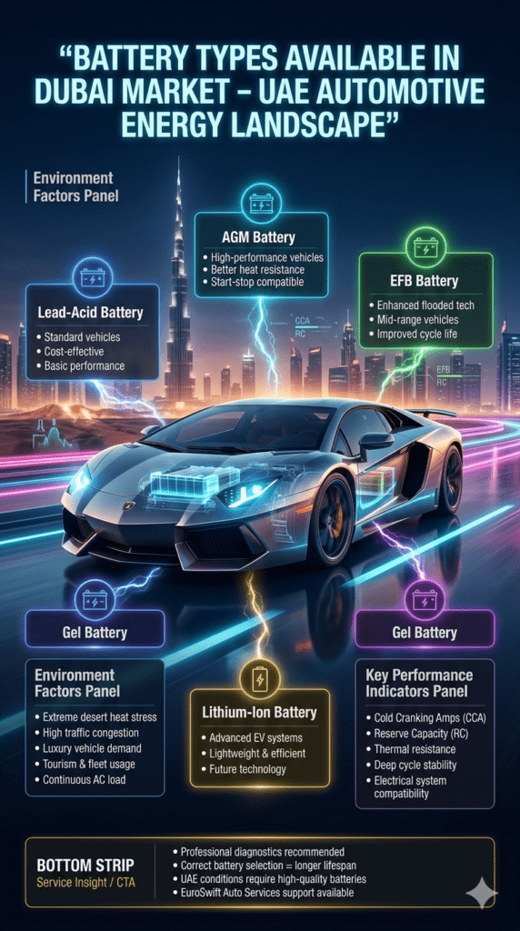 Infographic showing different car battery types in Dubai including lead-acid, AGM, EFB, gel, and lithium-ion with a luxury car.Battery Types in Dubai Market – UAE Automotive Guide