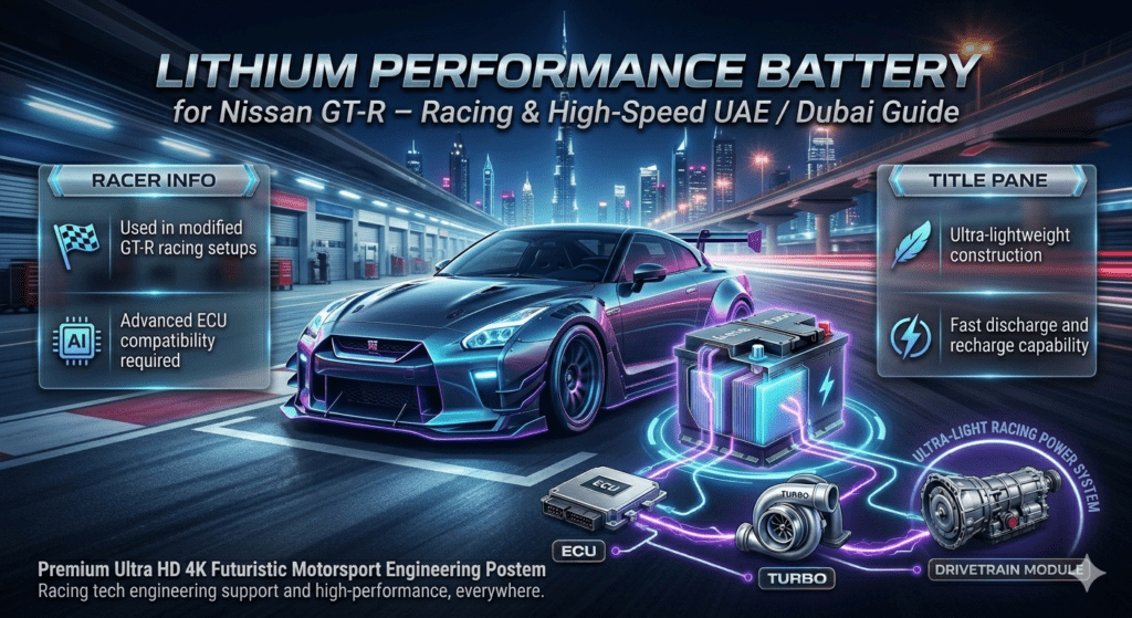 Lithium performance battery Nissan GT-R UAE infographic showing ultra-lightweight racing battery technology, fast charge capability, ECU compatibility, and modified GT-R racing systems in Dubai.