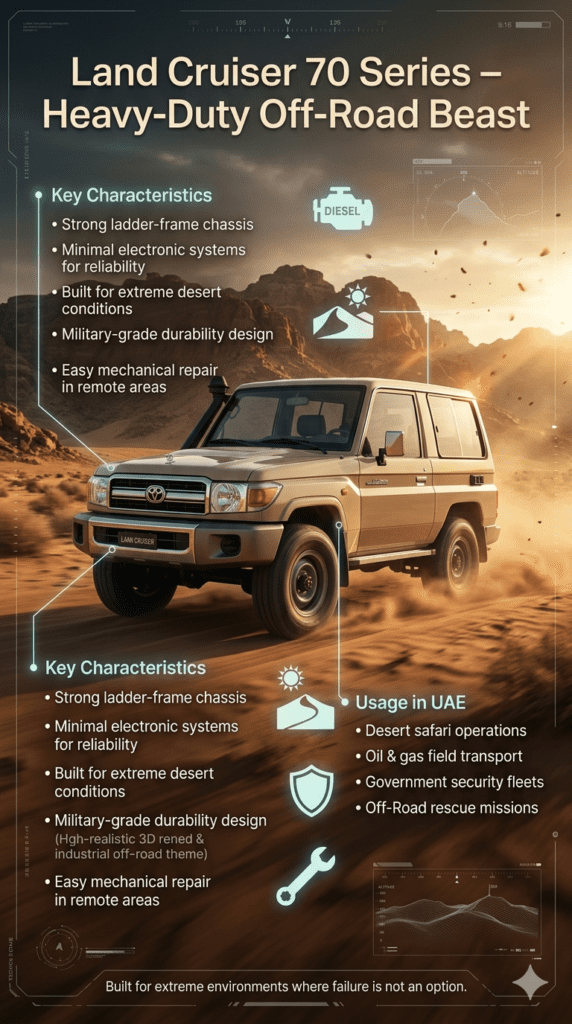 Toyota Land Cruiser 70 Series off-road SUV in desert terrain with infographic panels showing rugged construction, durability features, and UAE usage in oil fields, desert safaris, and government fleets.
