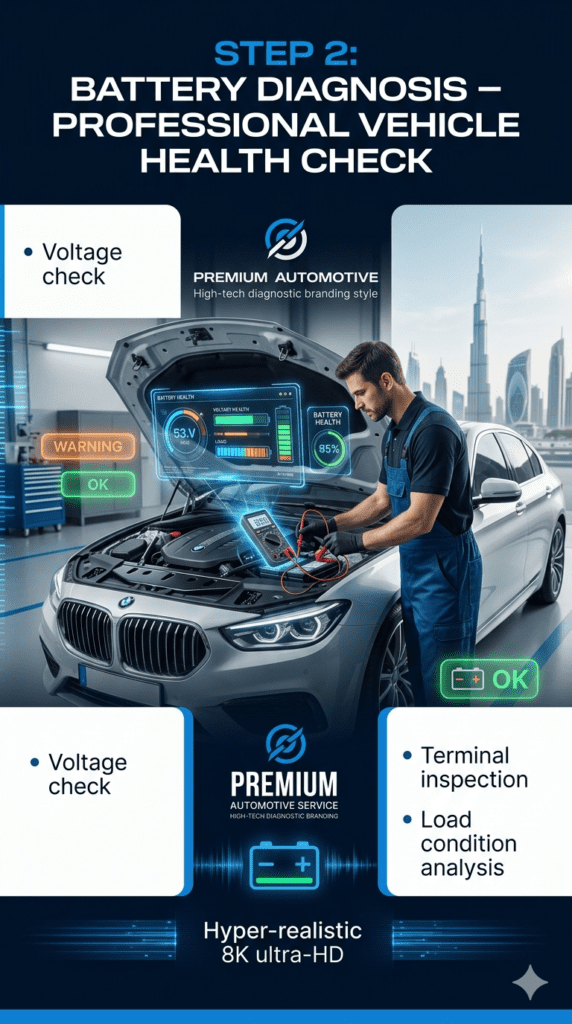 Battery diagnosis process showing technician checking voltage, inspecting terminals, and analyzing load condition using digital diagnostic tools.