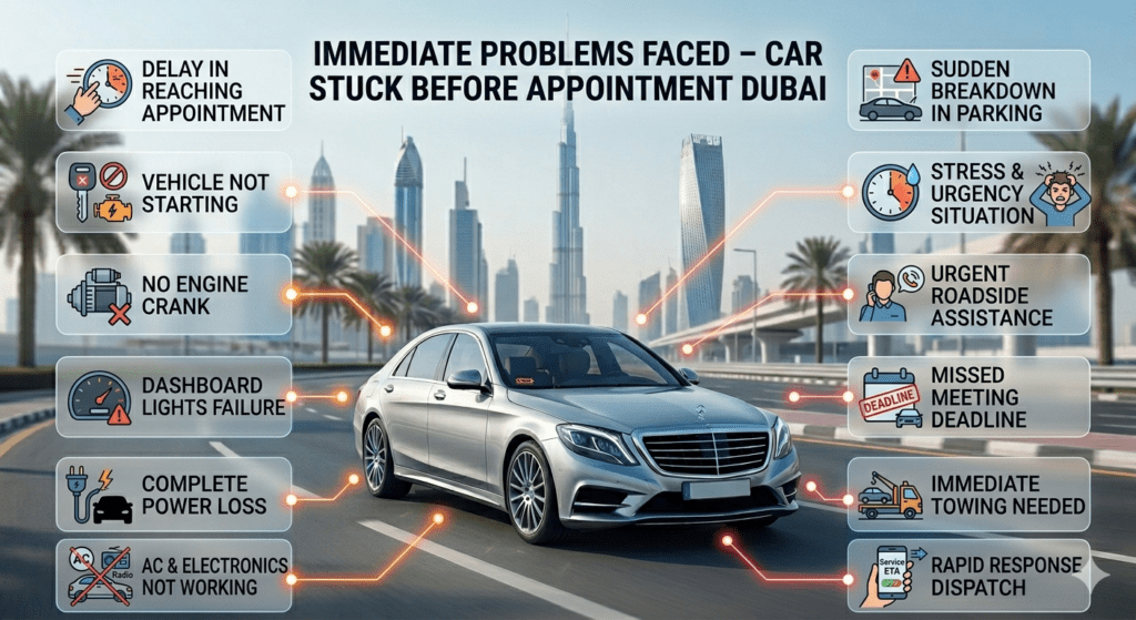 Car breakdown before appointment in Dubai showing immediate problems like no start, power loss, and emergency stress situation