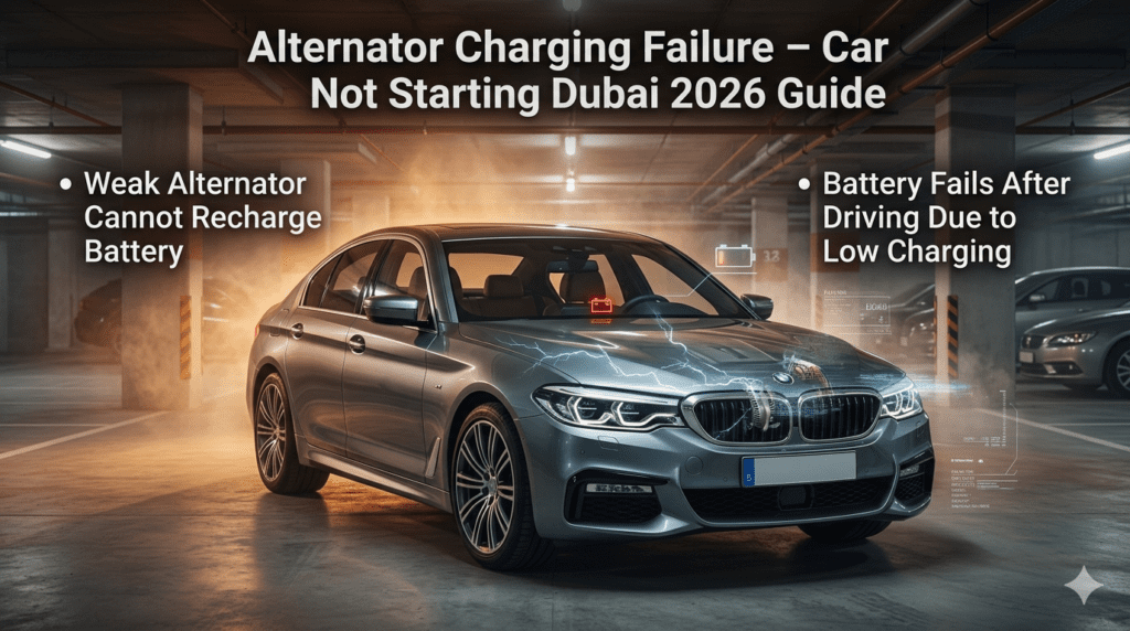 Car alternator charging failure in Dubai basement parking showing weak alternator unable to recharge battery after driving.