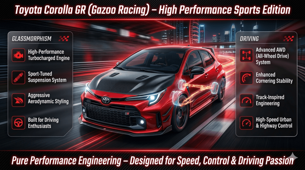 Toyota Corolla GR infographic showing turbocharged engine, AWD system, sport suspension, and high-performance driving design inspired by Gazoo Racing motorsport technology.