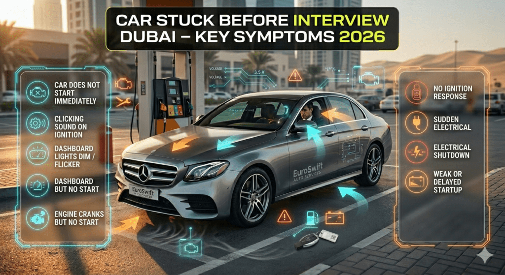 Car stuck before interview in Dubai showing key symptoms like no start, clicking sound, and weak ignition response.