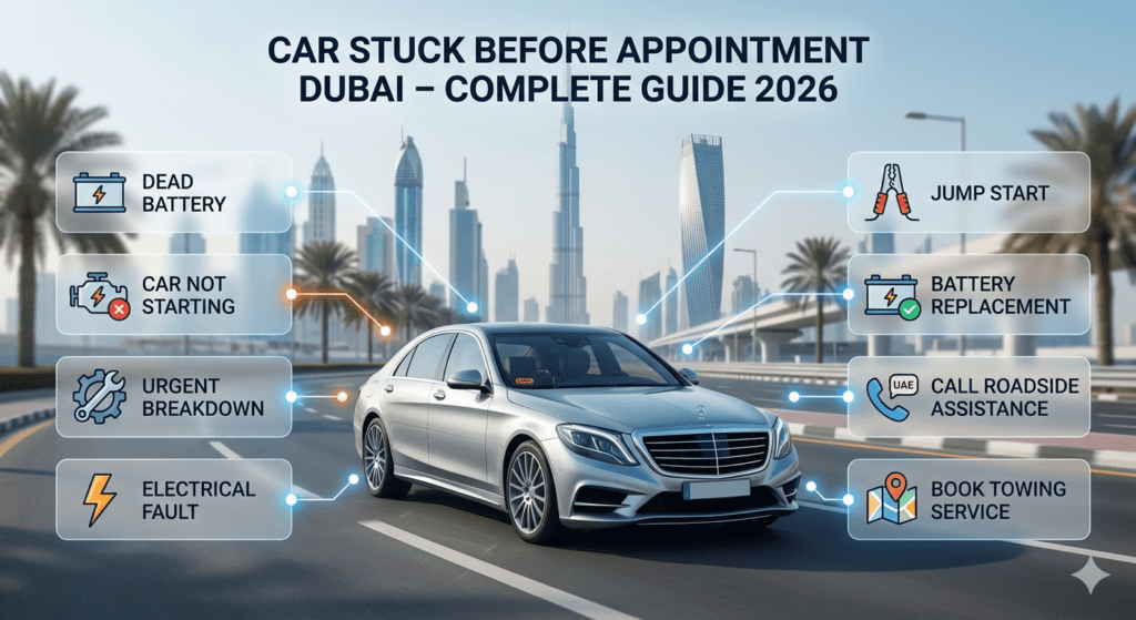 Car stuck before appointment Dubai with battery failure and emergency solution visual guide