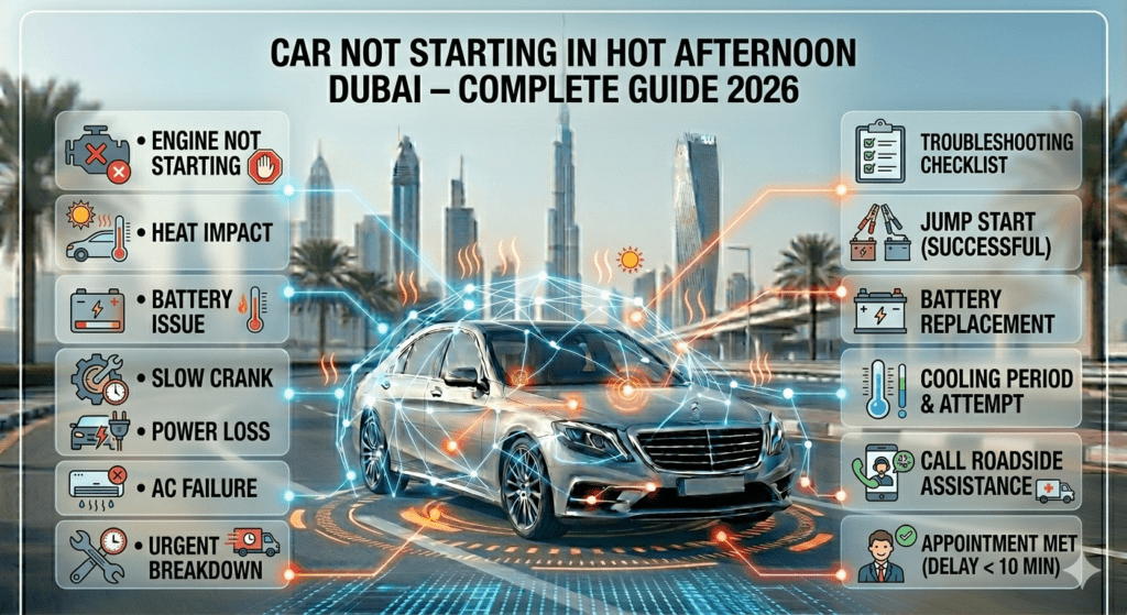 Car not starting in hot afternoon Dubai showing heat impact, battery issue, and emergency breakdown situation