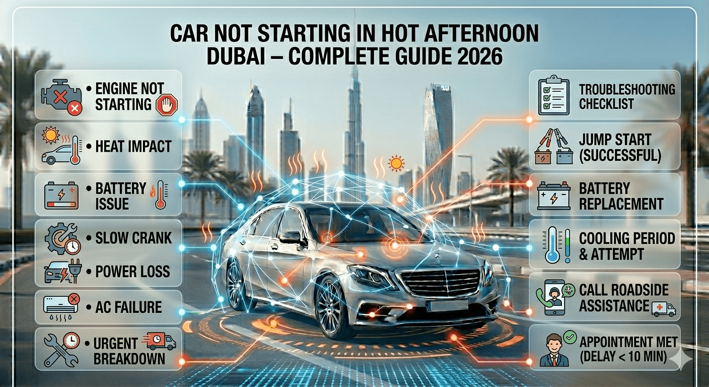 Car not starting in hot afternoon Dubai showing heat impact, battery issue, and emergency breakdown situation