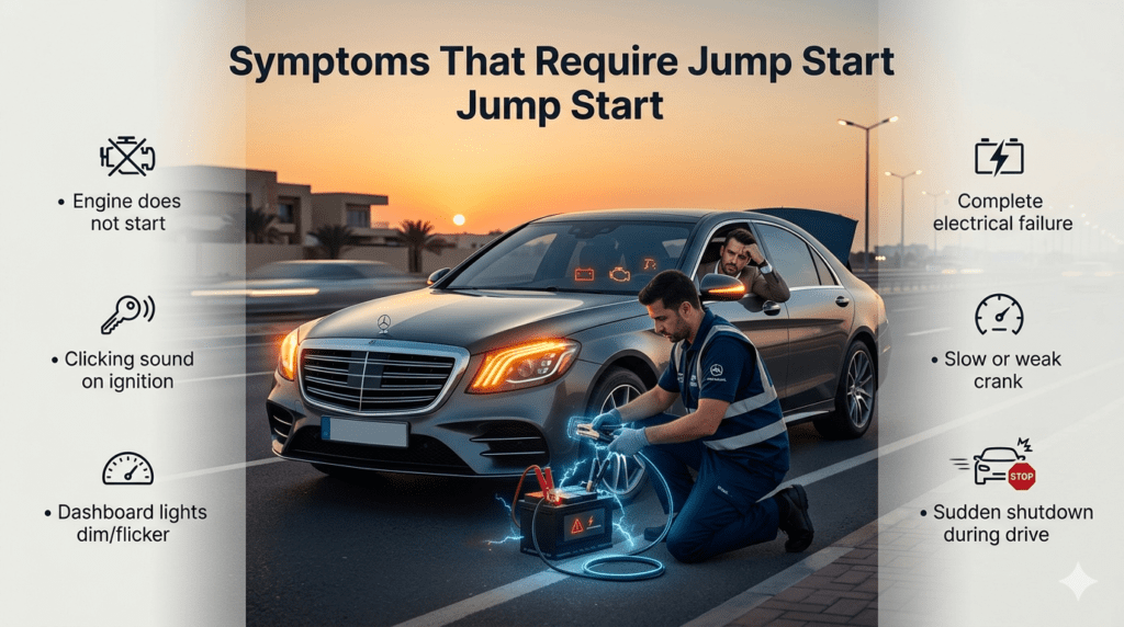 car battery failure symptoms showing engine not starting dim dashboard lights and clicking sound requiring jump start service