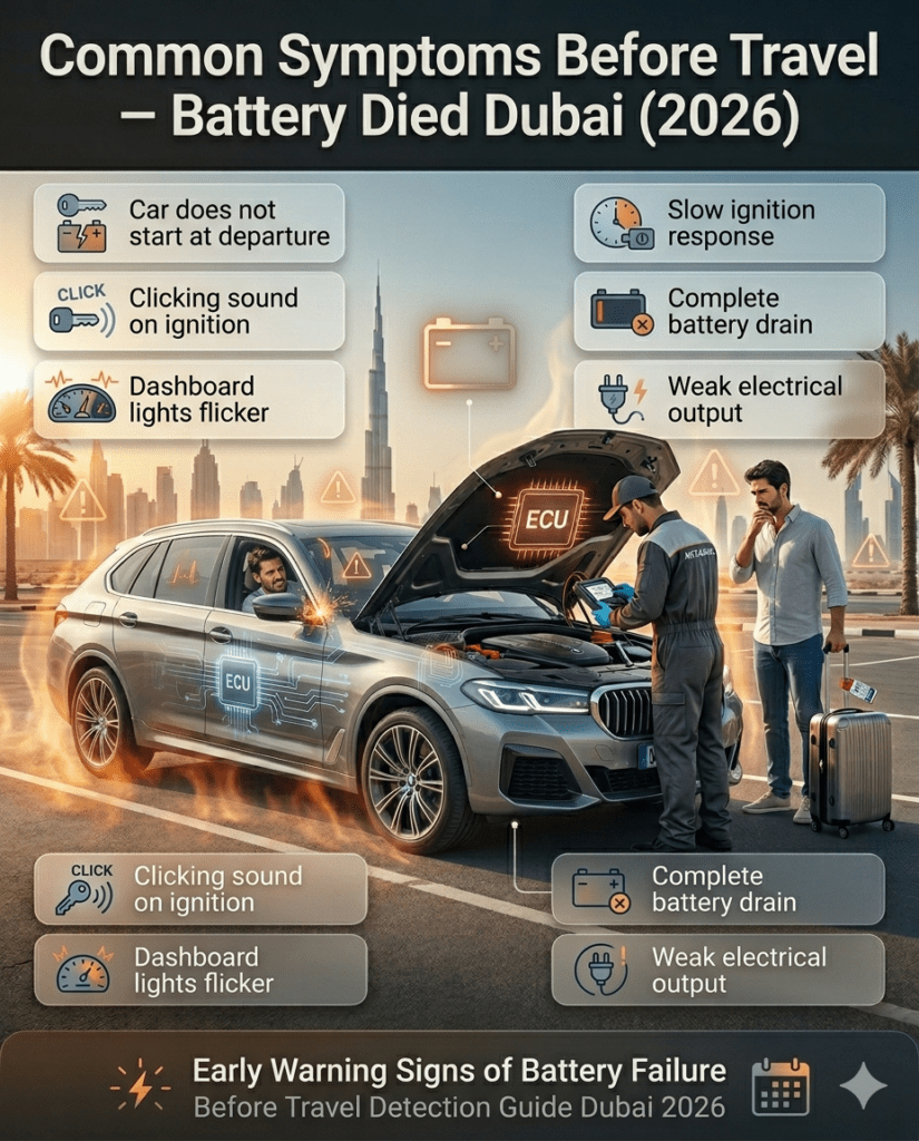 Driver experiencing car battery failure in Dubai showing dim dashboard lights, clicking sound, and technician checking vehicle before travel