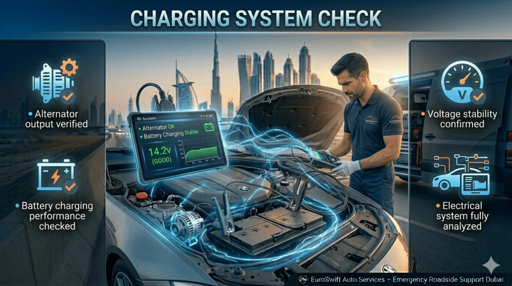 Technician performing charging system check using diagnostic tools to verify alternator and battery health in a car engine.